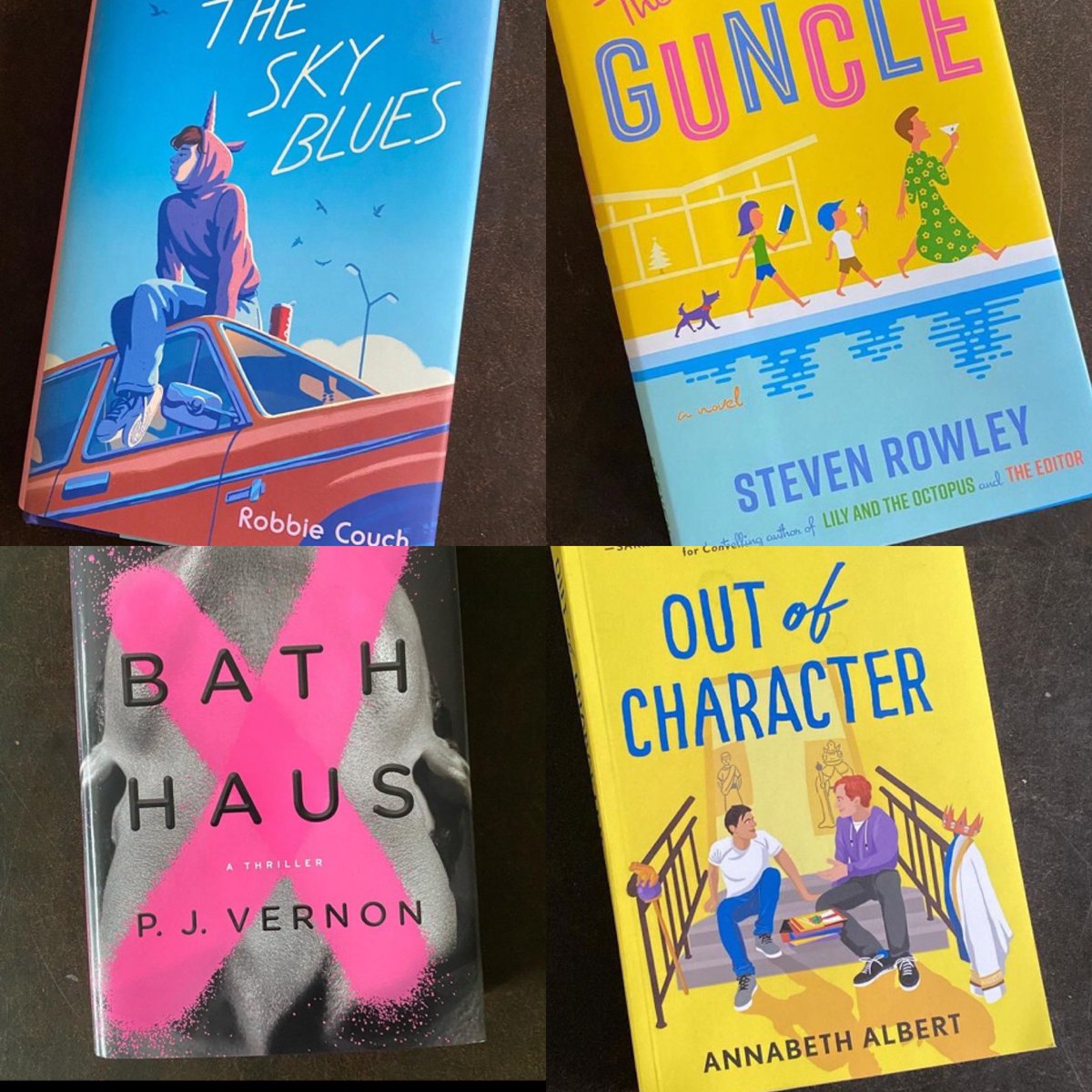 robbrowatzke's tweet photo. Four of my top reads of 2021:

Sky Blues by @robbie_couch 
The Guncle by @mrstevenrowley 
Bath Haus by @pjvernonbooks 
Out of Character by @AnnabethAlbert https://t.co/QZR4vdvcHu