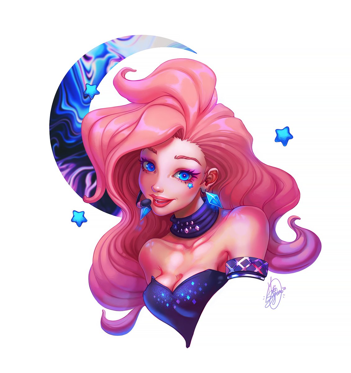 cuteTandy's tweet photo. a cute Sera with a crescent shaped moon in the background. Lunari Sera? OwO 💗💙 #ArtofLegends #Seraphine https://t.co/Grq5pkBHOK