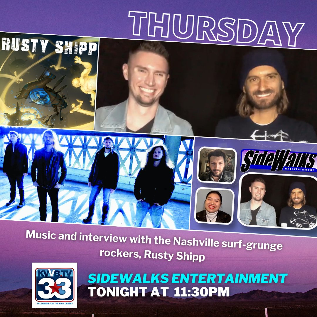 SidewalksTV's tweet photo. Tonight at 11:30PM on #KVVB:
Music and interview with the Nashville surf-grunge rockers, #RustyShipp.
Watch the station via their app on online, Roku & Fire TV.
#KVVB33 #Victorville #Barstow #LucerneValley #Adelanto #AppleValley #HighDesert #SoCal #SouthernCalifornia https://t.co/gDnZMhQwHy