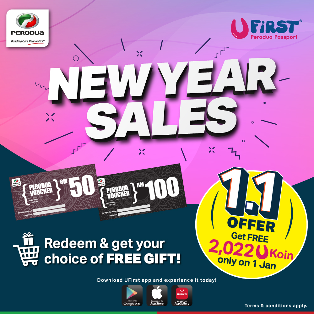 perodua's tweet photo. New year, new UFirst offer! Redeem Perodua e-vouchers worth RM50 or RM100 and get FREE 2022 UKoins!* Hurry, login to your UFirst app or https://t.co/3CkU4ls4VS NOW as this special redemption is valid on 1st January only. 😱
Happy new year!
#Perodua #UFirst
*Terms apply. https://t.co/UJQvgGFysL