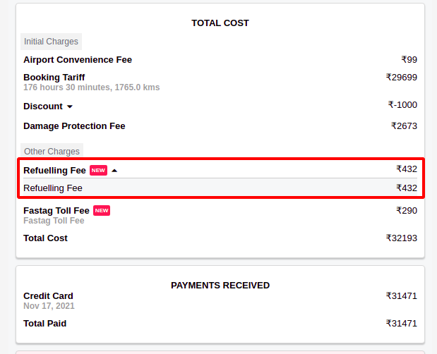 kkraju4u's tweet image. Hi @ZoomCarIndia, Why you are asking for a refuelling fee even though we returned the vehicle with same or more fuel level. I&apos;ve pending payment against toll fees which I couldn&apos;t do as a unnecessary 432 rs of refuelling fee is added to it. Booking ID: JPS693XWL