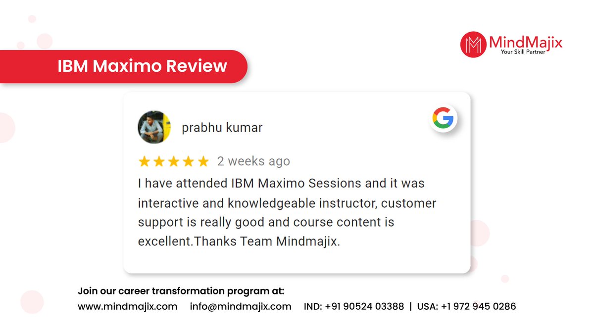 mindmajix's tweet photo. Congratulations on your phenomenal success! We are delighted that you completed the IBM Maximo course with us and took your skills to another level!
π Enroll Here For IBM Maximo Training π https://t.co/3h72lcJH5Y
#MindMajix #MindMajixReviews #Testmonial #MaximoTraining https://t.co/fkStuFevwM