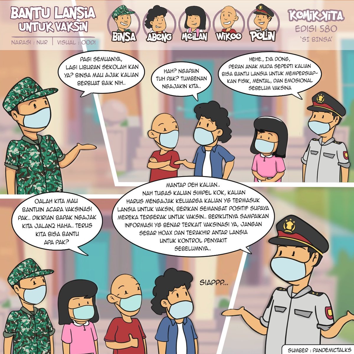 Sobat Binsa ☺️ yuk kita berbuat positif diakhir tahun yang indah ini. Ajak lansia untuk vaksin dengan cara.... 

#KomikKita #SiBinsa #P5TNI #MasTagar #StopCovid19