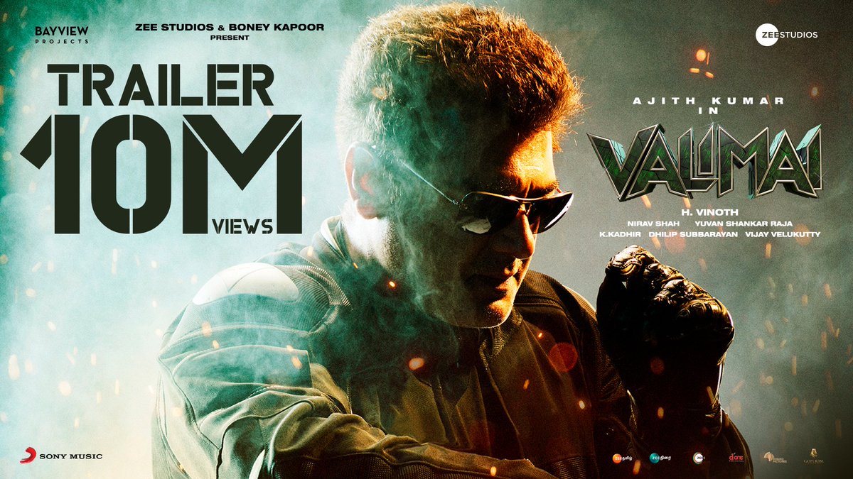 SonyMusicSouth's tweet photo. 1️⃣ ON TRENDING 🔥
1️⃣ MILLION + LIKES 😎
1️⃣0️⃣ MILLION + REAL-TIME VIEWS 💥

#ValimaiTrailer rage 🔥➡️ https://t.co/0GYS6FXRlw

#AjithKumar #HVinoth @BoneyKapoor @thisisysr @BayViewProjOffl @ZeeStudios_ @SureshChandraa 

#Valimai #ValimaiPongal https://t.co/5N7urixXm6