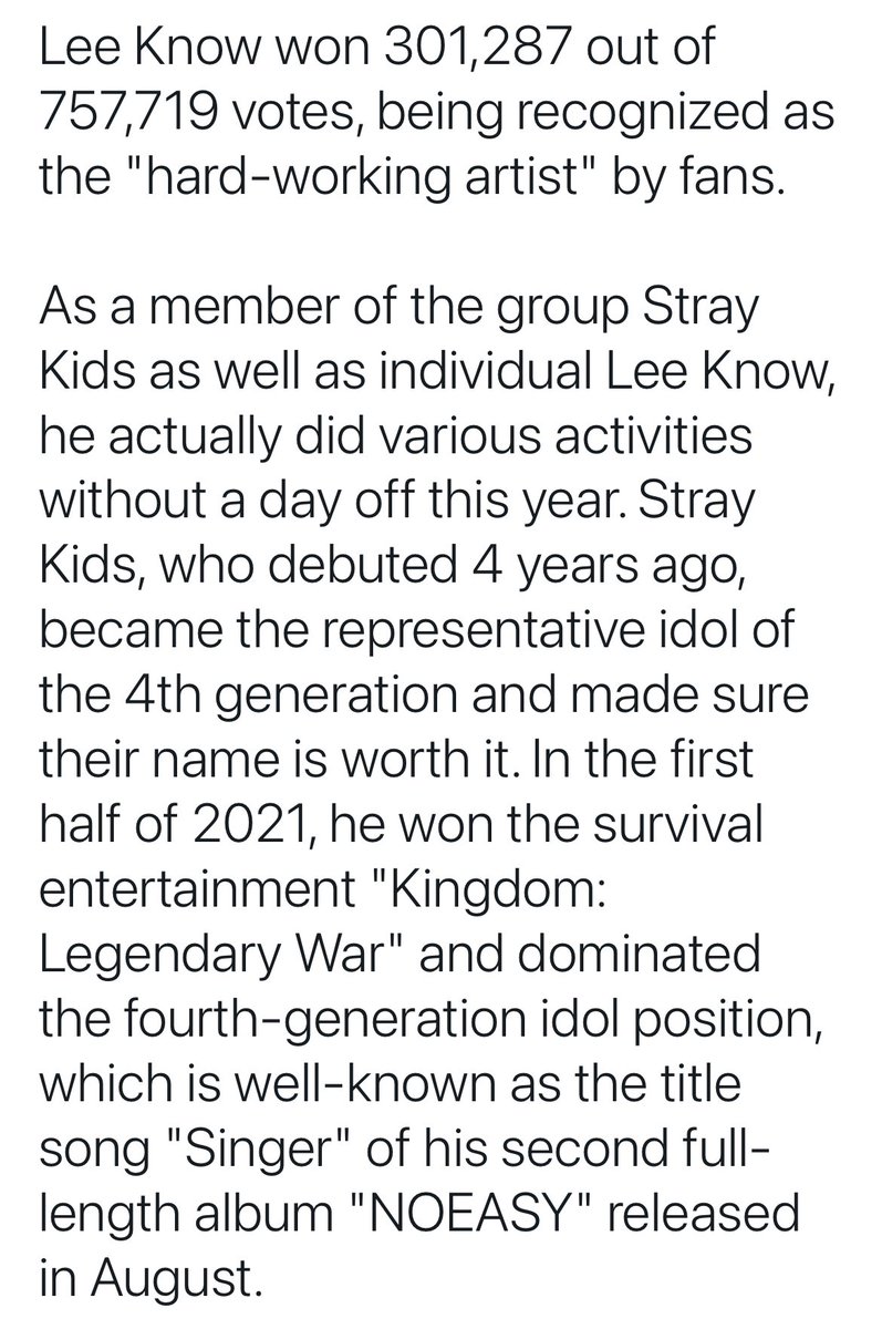 linoscookie's tweet photo. since lee know won “the most hardworking artist of the year 2021” he’s got an article, which mentions stray kids’ achievements this year and lee know’s hard work as a “versatile all-arounder” who “did various activities without a day off this year”, such as MC, chef, fisherman… https://t.co/y12rbmulRS