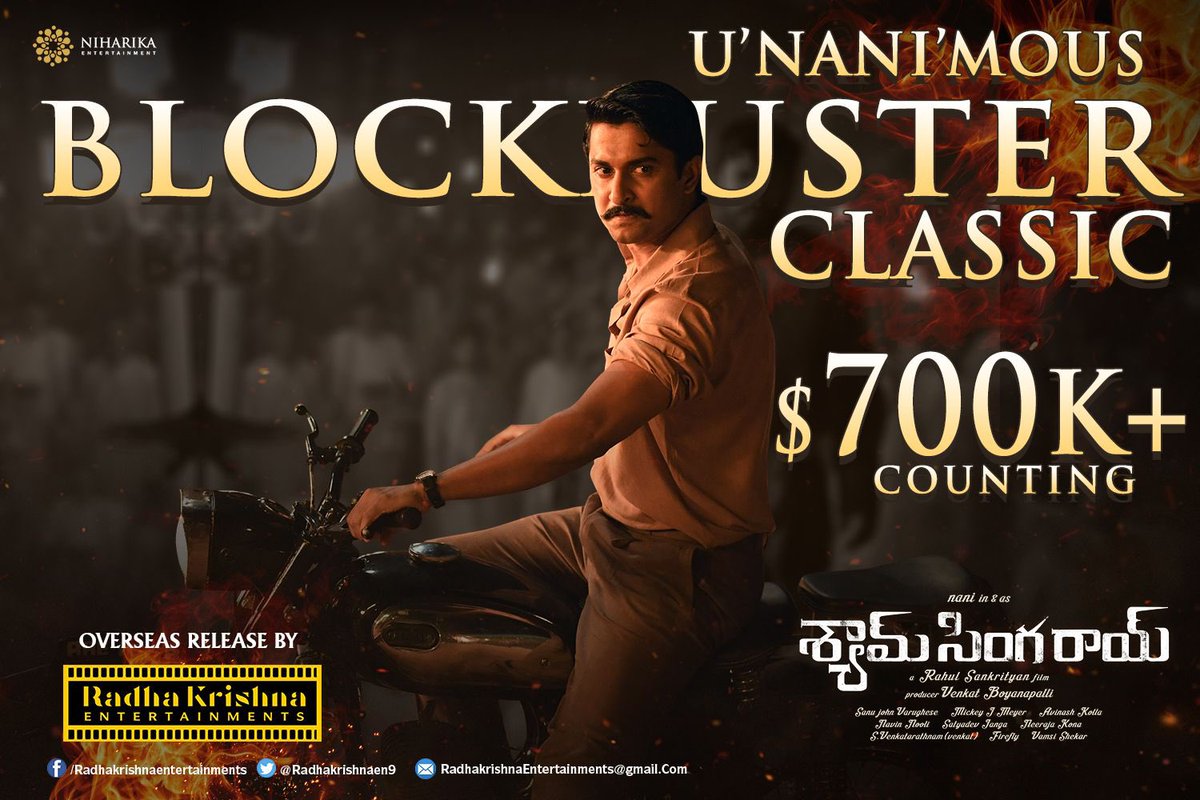 cinecorndotcom's tweet photo. #ShyamSinghRoy crossed 700k mark and counting in first weekβ¦watch this #BLOCKBUSTERCLASSIC at best theatres near you.week 2 itβs been screened in 207 screens in #USA. Watch with your family for this new year.overseas by @Radhakrishnaen9 @NameisNani @NiharikaEnt @Sai_Pallavi92 https://t.co/x6ZENK1meO