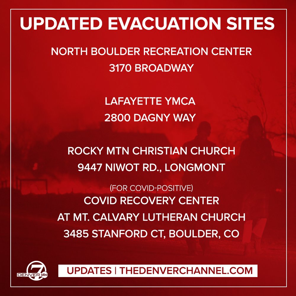 DenverChannel's tweet photo. If you need shelter after evacuating today's fire, here is a list of places to go. We also have more evacuation resources and updates here: https://t.co/8eGNKSuDBc

Live updates can be found here: https://t.co/xAvYD8dNtk #marshallfire #cofire https://t.co/iOogLxgTRa