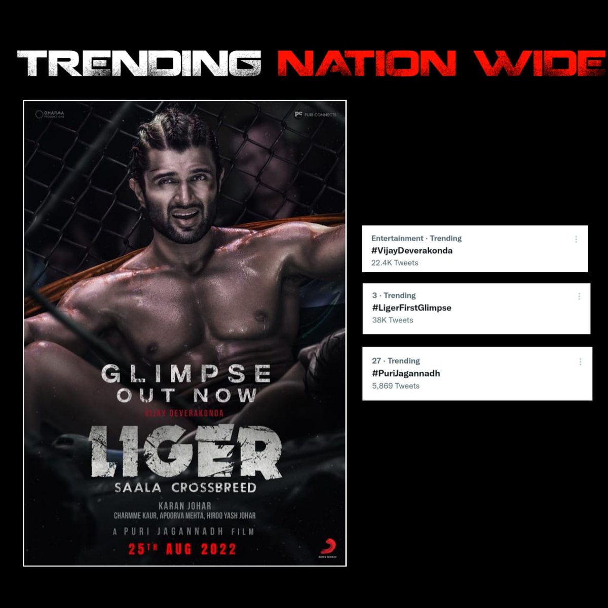 PuriConnects's tweet photo. .#VijayDeverakonda and  #LigerFirstGlimpse &amp; #PuriJagannadh Trending National wide 🌋 

#VaatLagaDenge 🤙
ICYMI https://t.co/nq7i30HxDT

#LIGER @TheDeverakonda @MikeTyson #PuriJagannadh @ananyapandayy @karanjohar @Charmmeofficial @PuriConnects https://t.co/AGGFaefwUe