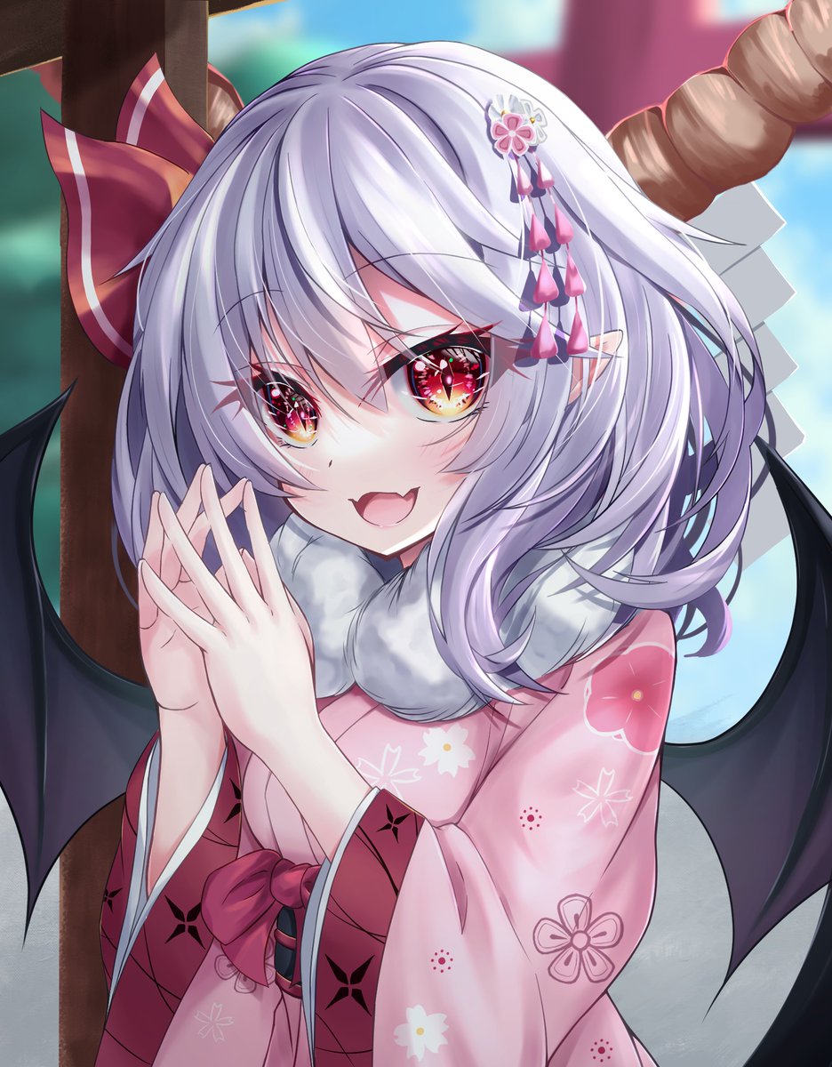 remilia scarlet 1girl japanese clothes solo kimono bat wings wings red eyes  illustration images