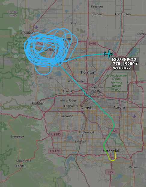 ameliairheart's tweet image. PC-12 N327SF returning back to base at Centennial Airport, CO after ~2 hours over the #MarshallFire .