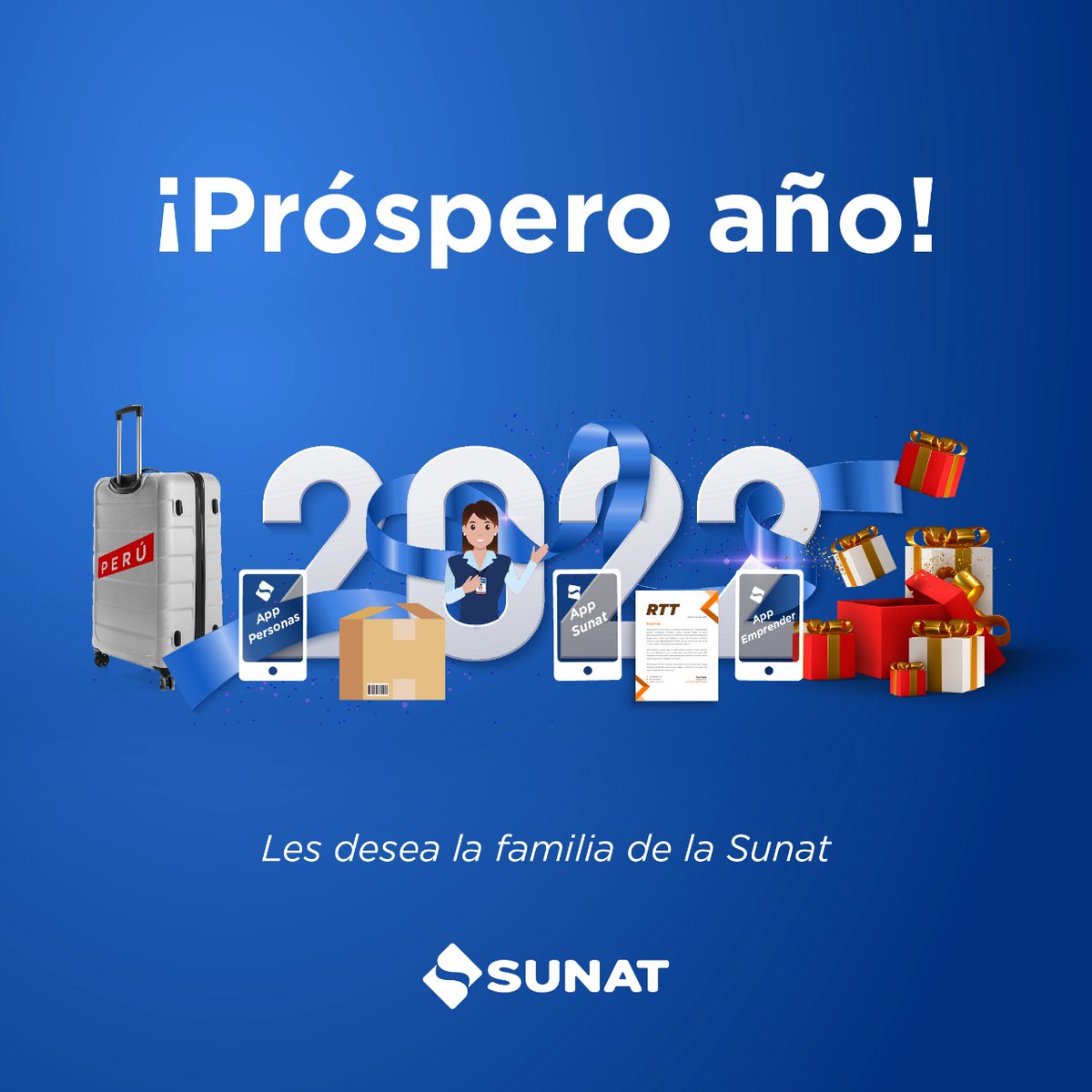 SUNATOficial's tweet photo. ⏳ A poco de iniciar un nuevo año, nuestro equipo de profesionales sigue comprometido e innova cada día para poner a tu disposición los servicios que harán más ágiles y digitales tus trámites tributarios y aduaneros.

🎉 ¡Próspero año 2022! 🎉
Te desea la familia de la Sunat. https://t.co/L7az9miqhp