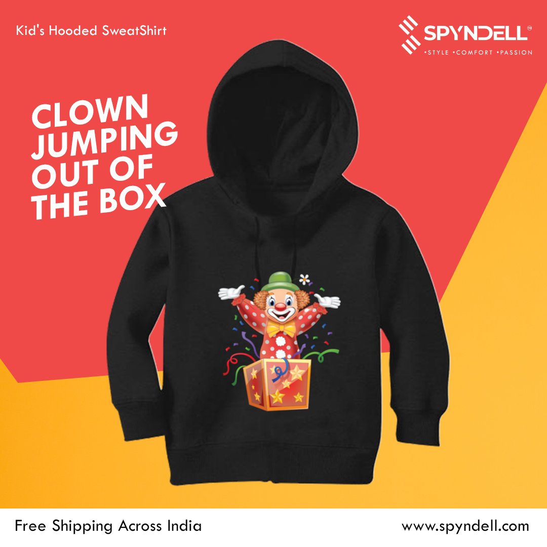 spyndell's tweet photo. Make it fun for your little one, in this ‘Clown jumping out of the box’ kids hooded sweatshirt. Make your kid’s fashion wear comfortable in this 100% Super Combed Cotton kids hooded sweatshirt. Shop this and more at https://t.co/K8PasHDo9A, your new #Fashion #destination! https://t.co/cKIGc1268K