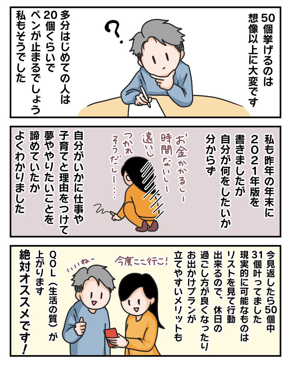 ぱるこ絵日記【63日目】
2022年を充実した1年にしたい方におすすめしたいこと、それは「2022年にやりたいことリスト50」の作成!
書くだけでわくわくして楽しい気分になれるし、年末にどのくらい達成したか見返すとさらに楽しい✨

#漫画が読めるハッシュタグ #コミックエッセイ #絵日記 