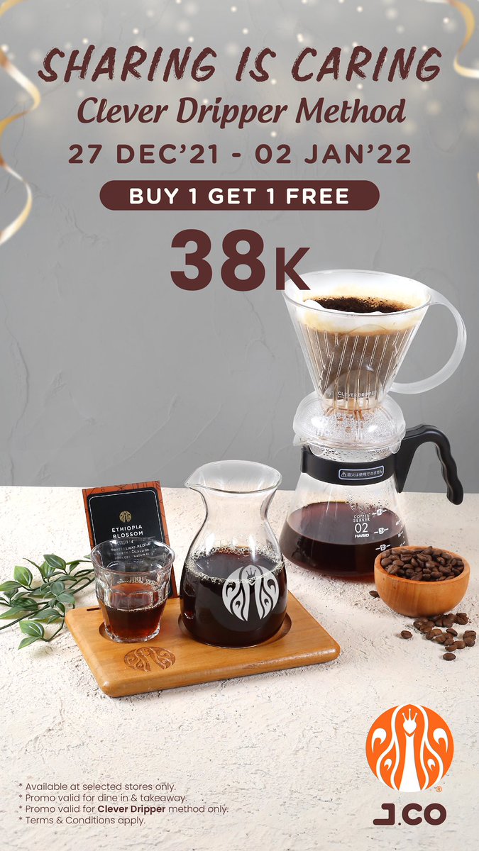 JcoIndonesia's tweet photo. Take a break with a cup of coffee at @jcoindonesia ☕️
Biar makin semangat, nikmati promo #SharingisCaring dan dapatkan buy one get one free untuk setiap pembelian kopi dengan metode Clever Dripper.
Pssst… promo ini hanya untuk store tertentu yaa!☺️
#JCOINDONESIA #JCOFFEE https://t.co/UNSgDKLg5q