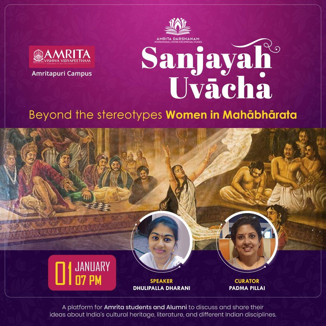 amritasscs's tweet photo. Our #Unmesha Intern, Kumari. Dharani is all set to give a virtual talk on "Beyond the stereotypes:  Women in #Mahābhārata ". @lotophagus will be the curator of the session. Date - 01 January 2022 at 7 pm.
Link to Register: https://t.co/cgXNoHkH9a
#mahabharata https://t.co/fmERxuXqGO