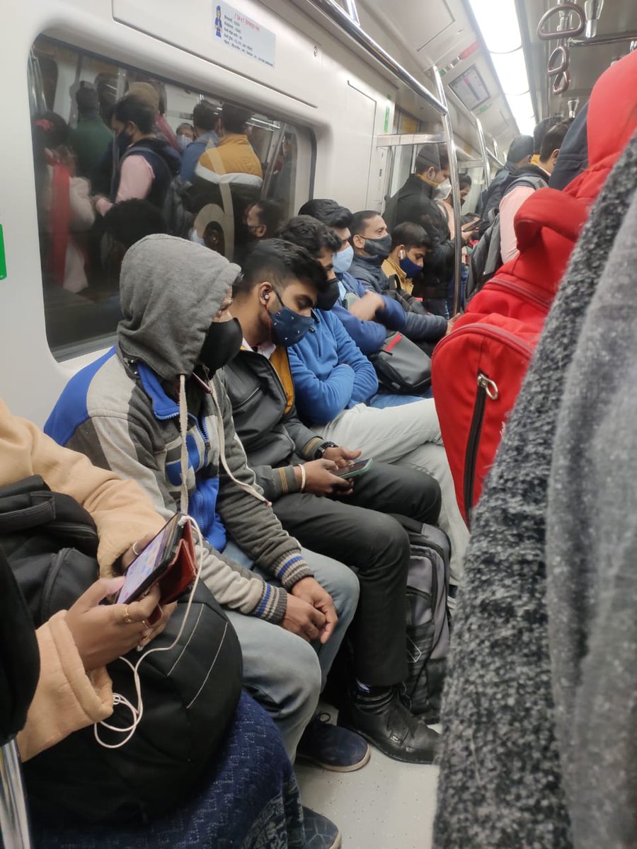 varunsavs's tweet photo. @OfficialDMRC Metro route starting from Vaishali is as usual, no direction is getting followed. No official present to check the crowd. People sitting on each seat and standing like a packed crowd. @ArvindKejriwal @msisodia https://t.co/CjVdHB00aF