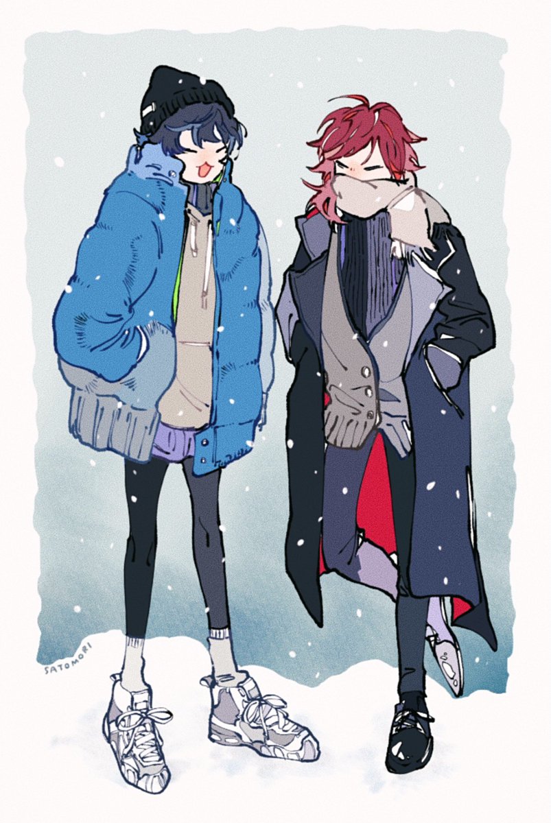 red hair 2boys scarf multiple boys closed eyes coat hat  illustration images