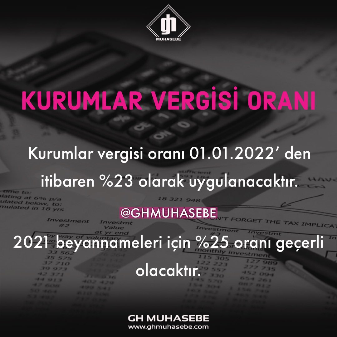 2022 yılı kurum kazançları için vergi oranı %23 olarak uygulanacaktır. 
.
.
.

#malimüşavir #smmm #muhasebe #beyanname #işveren #işletme #maliye #vergi #bursa #nilüfer #finans #para #geliridaresibaşkanlığı #gib #sgk #bursasgk #vergidairesi #ekonomi #kurumlarvergisi
 #Yilbasi