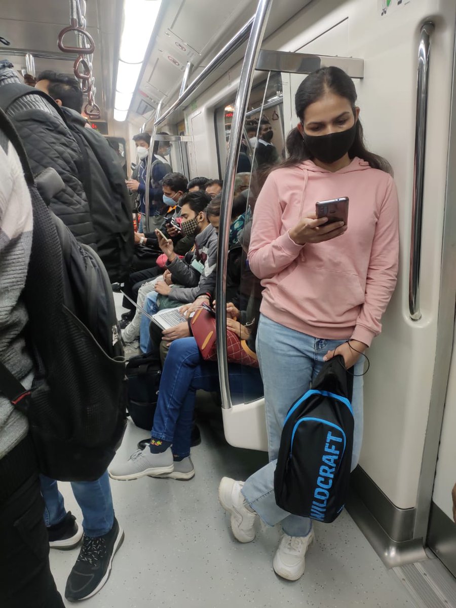 varunsavs's tweet photo. @nidhiearth26 @ArvindKejriwal @msisodia @SatyendarJain @raghav_chadha @LtGovDelhi @HardeepSPuri @IndiaToday @ndtv @ANI @CMODelhi Today's situation is worse than yesterday on metro starting from Vaishali. People sitting on all seats, standing like jam packed crowd. Where are officials and flying squad in morning time when it is most needed? https://t.co/IgrhuSfBSZ