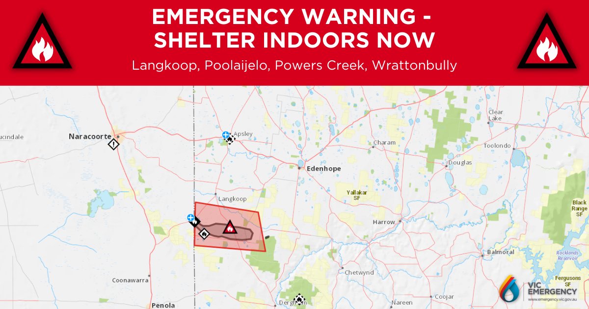 vicemergency's tweet photo. EMERGENCY WARNING - GRASS FIRE - Shelter Indoors Now

This Emergency Warning is being issued for Langkoop, Poolaijelo, Powers Creek, Wrattonbully.

More details at https://t.co/qUCWjGRlQ5 https://t.co/1tzcMxBm6z