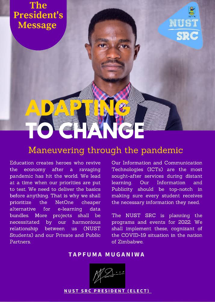 InfoMinSRC's tweet photo. A message from the NUST SRC President-elect, Tapfuma Muganiwa https://t.co/2jWcK2K7gP