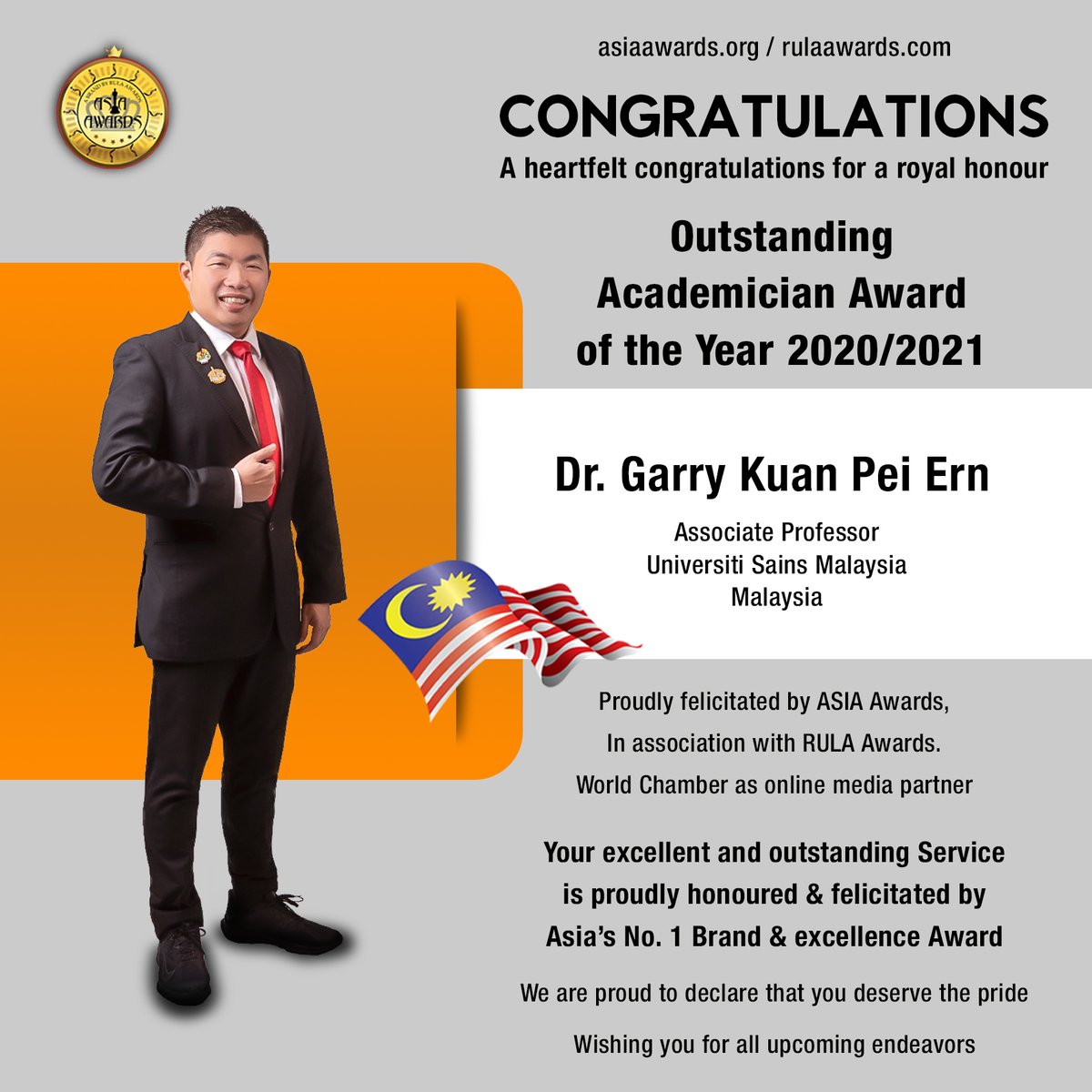 Rula_Awards's tweet photo. Associate Professor Dr Garry Kuan Pei Ern has bagged Outstanding Academician Award of the Year Award conferred by Asia Awards proudly presented by RULA Awards

#asiaawards #rulaawards #awards
More info :
https://t.co/OROW6SbzF6 https://t.co/uWiluzc48N