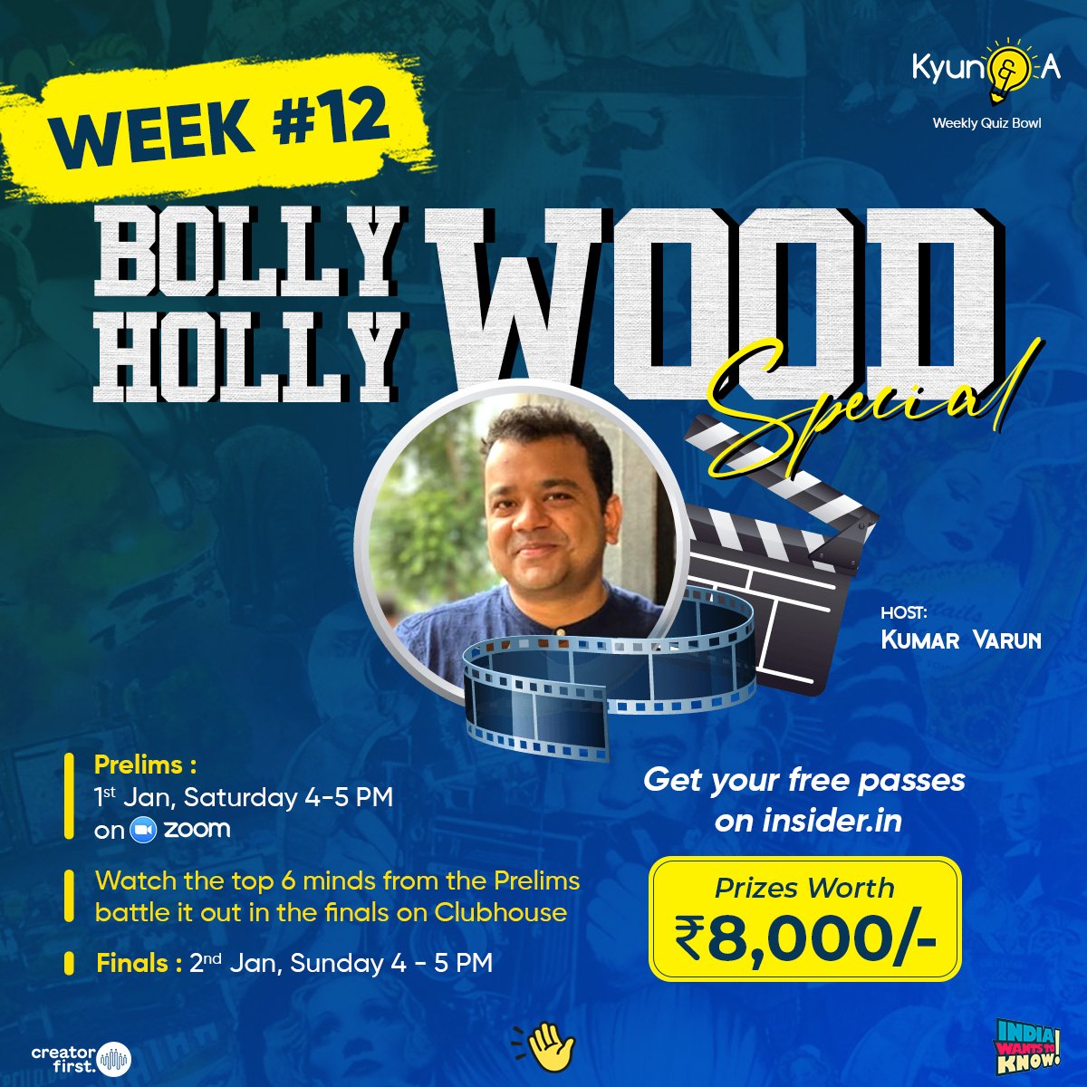 All Things Small (@atsdotin) on Twitter photo Hello hello. It's the last week over at <a href="/KyunAndAQuiz/">Kyun and A</a> too and we're going out in pure filmy style with Bollywood/Hollywood!
Prelims: 1st Jan, 4pm, Zoom
Finals: 2nd Jan, 4pm <a href="/Clubhouse/">Clubhouse</a>, hosted by
@RandomVarun
Free passes here: insider.in/kyun-a-12-jan1ā¦
<a href="/IWTKQuiz/">India Wants To Know: India's First Panel Quiz Show</a> <a href="/gobeatroute/">BeatRoute</a> Hello hello. It's the last week over at <a href="/KyunAndAQuiz/">Kyun and A</a> too and we're going out in pure filmy style with Bollywood/Hollywood!
Prelims: 1st Jan, 4pm, Zoom
Finals: 2nd Jan, 4pm <a href="/Clubhouse/">Clubhouse</a>, hosted by
@RandomVarun
Free passes here: insider.in/kyun-a-12-jan1ā¦
<a href="/IWTKQuiz/">India Wants To Know: India's First Panel Quiz Show</a> <a href="/gobeatroute/">BeatRoute</a>