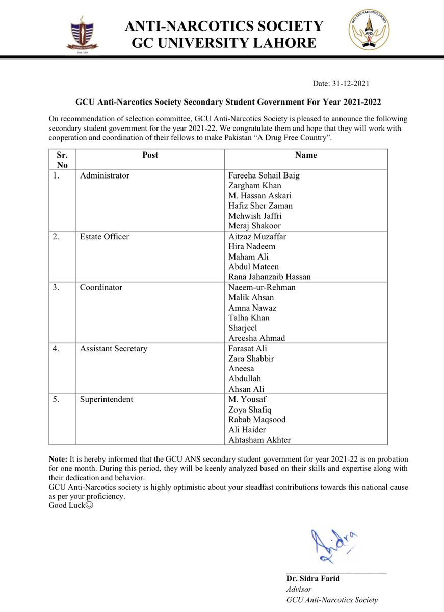 gcuans's tweet photo. The most anticipated moment has arrived where the advisory board of Anti-Narcotics Society, Government College University Lahore has affirmed its newly selected secondary student government. https://t.co/LOQ2EcQQDa