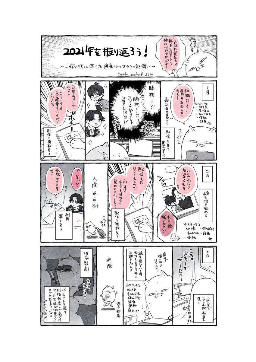 今年のオタク振り返りなんですが、ボドボドの体のことも描いてるので一層気が狂って見える絵日記です。
まるやは元気です。 
