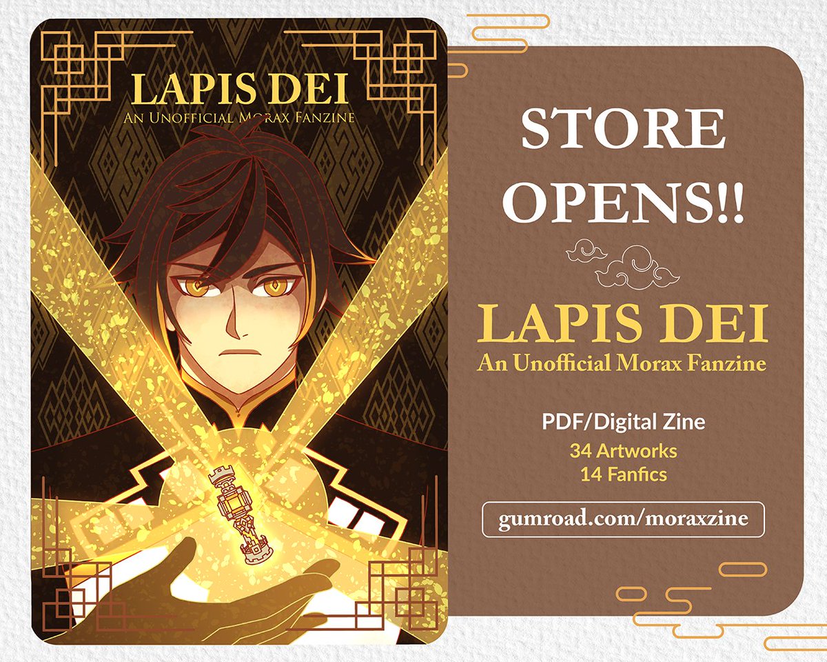 MoraxZine's tweet photo. [RT's 💛]
🔶 STORE OPENS 🔶

https://t.co/1Gi7YydBNi

In honor to Zhongli's birthday, our store is open from December 31 to January 31. Click the link to purchase the digital copy of Lapis Dei: An Unofficial Morax Zine ✨

#GenshinImpact #原神 #Zhongli #Morax #RexLapis https://t.co/apMSaBpEOk