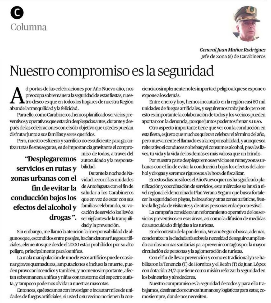 CarabAntof's tweet photo. "Hemos planificado servicios que estarán desplegados antes, durante y después de las celebraciones con el objetivo que ustedes disfruten junto a sus familias y seres queridos"
Columna Jefe IIª Zona (s) Carabineros #Antofagasta 👉 @mercurioafta  @mercuriocalama
#CarabinerosDeTodos https://t.co/eBO0yuJ1tH