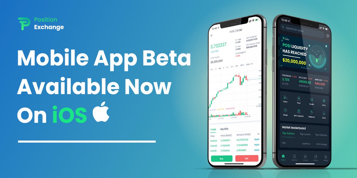 The iOS Mobile App Beta is now available! 🔥🔥🔥 Try it now! 💯

How to access the App?

✅ 1. Get Apple TestFlight from the App Store
✅ 2. Join with the link 
testflight.apple.com/join/Ghm7wnte
✅ 3. Install the App

Details: t.me/PositionAnn/12…

#POSI #PositionExchange #BSC