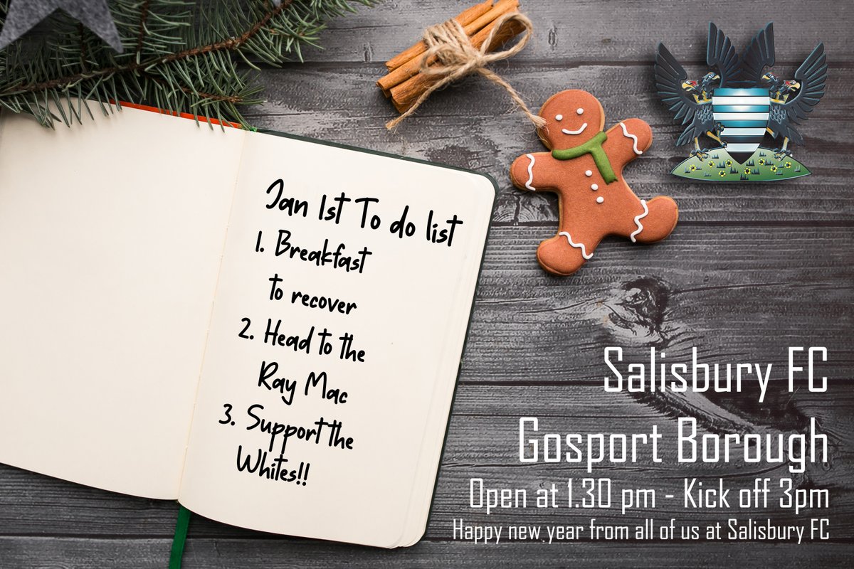 SalisburyFC's tweet photo. Salisbury FC v Gosport Borough. 
Saturday 1st Jan 2022
Bar open at 1.30 pm
Kick off 3 pm
Happy new year. 

COME ON YOU WHITES!!!! https://t.co/be0mDgfAoZ