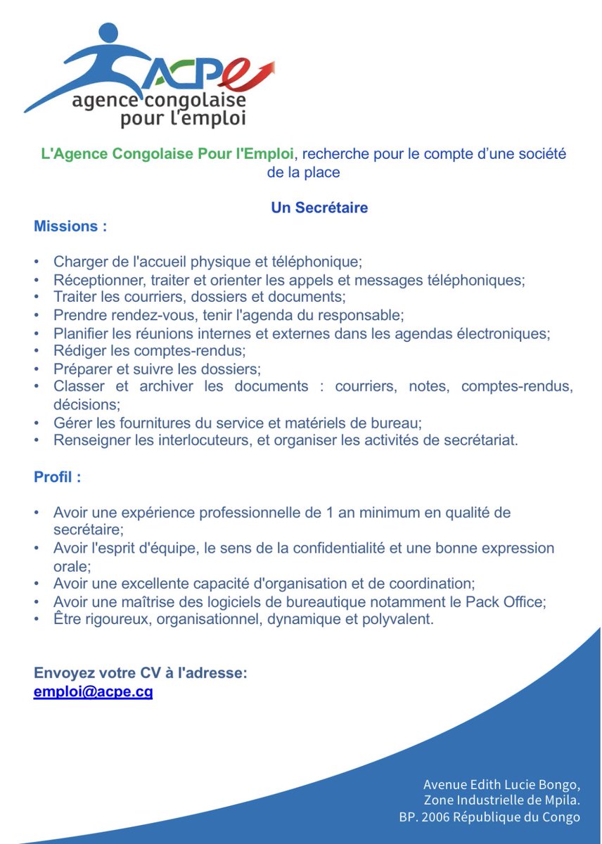 📢 Donnez vous une chance en envoyant votre CV à emploi@acpe.cg en précisant l'offre à laquelle vous postulez dans "l'objet" de votre mail. 
Avant le 10 janvier 2021 

#EnsemblePourlEmploi 🖇💼
#ChezMoiAuCongo