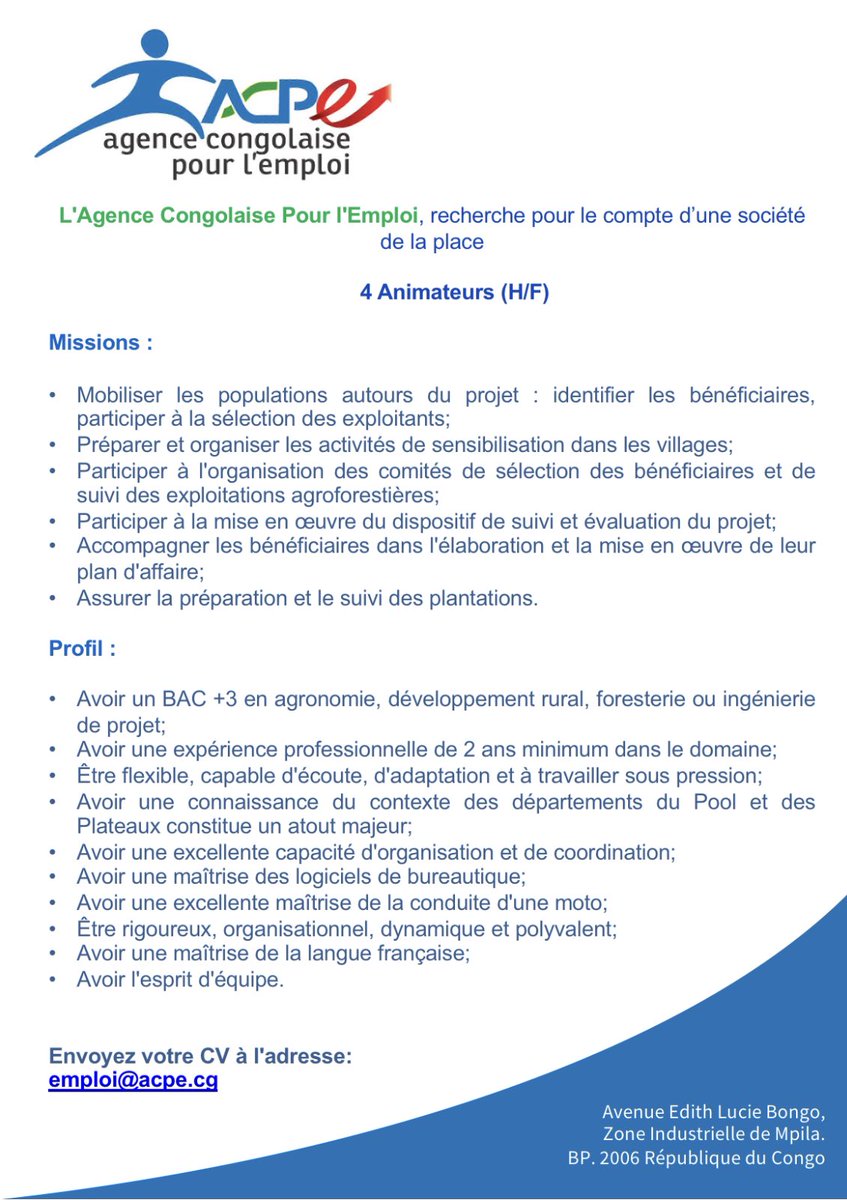 AcpeCg's tweet photo. 📢 Donnez vous une chance en envoyant votre CV à emploi@acpe.cg en précisant l'offre à laquelle vous postulez dans "l'objet" de votre mail. 
Avant le 10 janvier 2021 

#EnsemblePourlEmploi 🖇💼
#ChezMoiAuCongo https://t.co/TjpDw7onjP