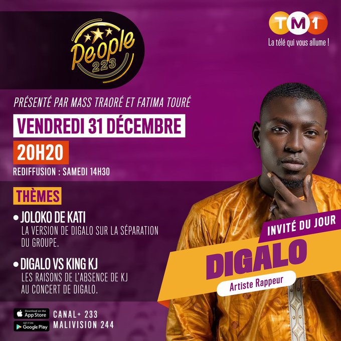 People2231's tweet photo. Le dernier @People2231 de l'année 2021!
A ne rater sous aucun prétexte
#Digalo est l'invité de ce soir à partir de 20h20 sur @TM1TV223 et la page Facebook @people223.com pour parler de nombreux sujets:
- La séparation du groupe #Joloko de Kati
- Sa relation avec #King_KJ... https://t.co/mpD1mbknFx