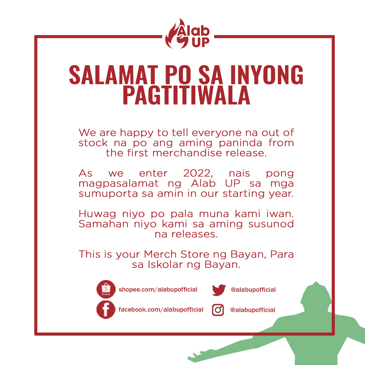 alabupofficial's tweet photo. “Hanggat may naniniwala, wag kang susuko”

SALAMAT PO SA INYONG PAGTITIWALA 🙏

This is your Merch Store ng Bayan, Para sa Iskolar ng Bayan ❤️‍🔥

#AlabUP
#ILoveUP

#FeelThatFireInYourFashion
#YoureGonnALABthis
#ALABkoTo https://t.co/BaebGoxpax