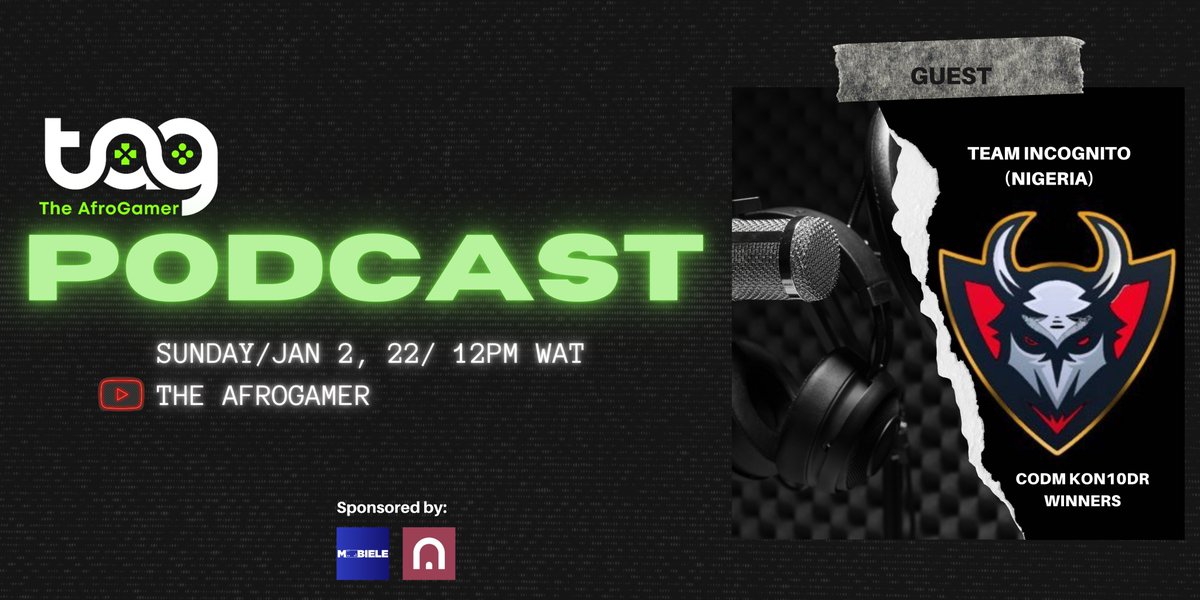 theafrogamer_'s tweet photo. @theafrogamer_ podcast returns in the new year with an interview with the #1 @PlayCODMobile team in Africa, @1ncognitogaming. Join us Sunday 2nd of January at 12PM WAT on @YouTube 

Proudly sponsored by @themobiele &amp; @ethnicdistrict 

#esports #CoDMobile #podcast #Africa https://t.co/BZW6V1jG9z