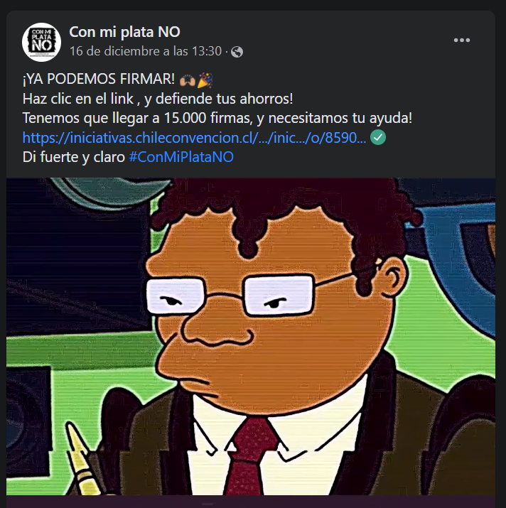 Mislecinha's tweet photo. @Cooperativa Que descarado @LMayolB al decir que la Iniciativa Popular de "Con mi plata no" alcanzó las 15 mil firmas en 3-4 días, cuando la ingresaron el 16 de diciembre y además pagaron publicidad en redes sociales que ahora desconoce. Lo peor es que ocupan colores de @NOmasAFP ¡engañan! https://t.co/SeR5oVCIwE