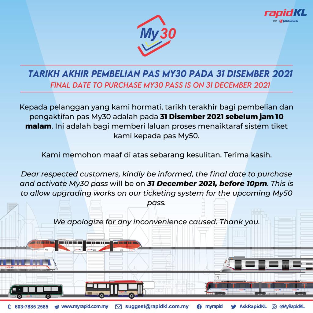 askrapidkl's tweet photo. Tarikh terakhir bagi pembelian dan pengaktifan pas #My30 adalah pada 𝟯𝟭 𝗗𝗶𝘀𝗲𝗺𝗯𝗲𝗿 𝟮𝟬𝟮𝟭 𝘀𝗲𝗯𝗲𝗹𝘂𝗺 𝗷𝗮𝗺 𝟭𝟬 𝗺𝗮𝗹𝗮𝗺.

#RapidKL

Rujuk poster untuk info lanjut. https://t.co/C1tX3yJ9pu