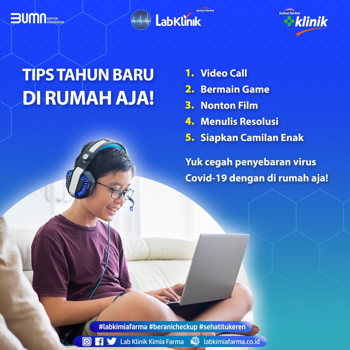 kaeflabklinik's tweet photo. Hai Sahabat Kaef,
Sudah ada rencana tahun baru mau ngapain?
Tenang, banyak loh kegiatan seru yang bisa kamu lakukan untuk menyambut tahun baru di rumah aja. Yuk cegah penularan covid-19 dengan tahun baru dengan di rumah aja!
#tahunbaru2022 #TipsTahunBaru
#BeraniCheckUp https://t.co/4bw4C34tJn
