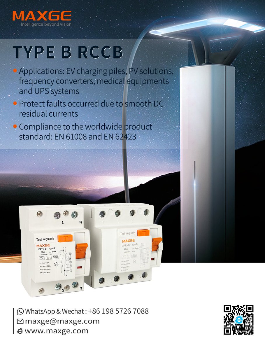 MaxgeEle's tweet photo. MAXGE B-type 2P & 4P RCCB is widely used, often used in EV charging piles, medical equipment, Solar PV Application and other projects. The short circuit breaking capacity of 7.5KA, the rated current of 16-63A can meet your various conditions of use.#MAXGE https://t.co/sLViQsd2L3