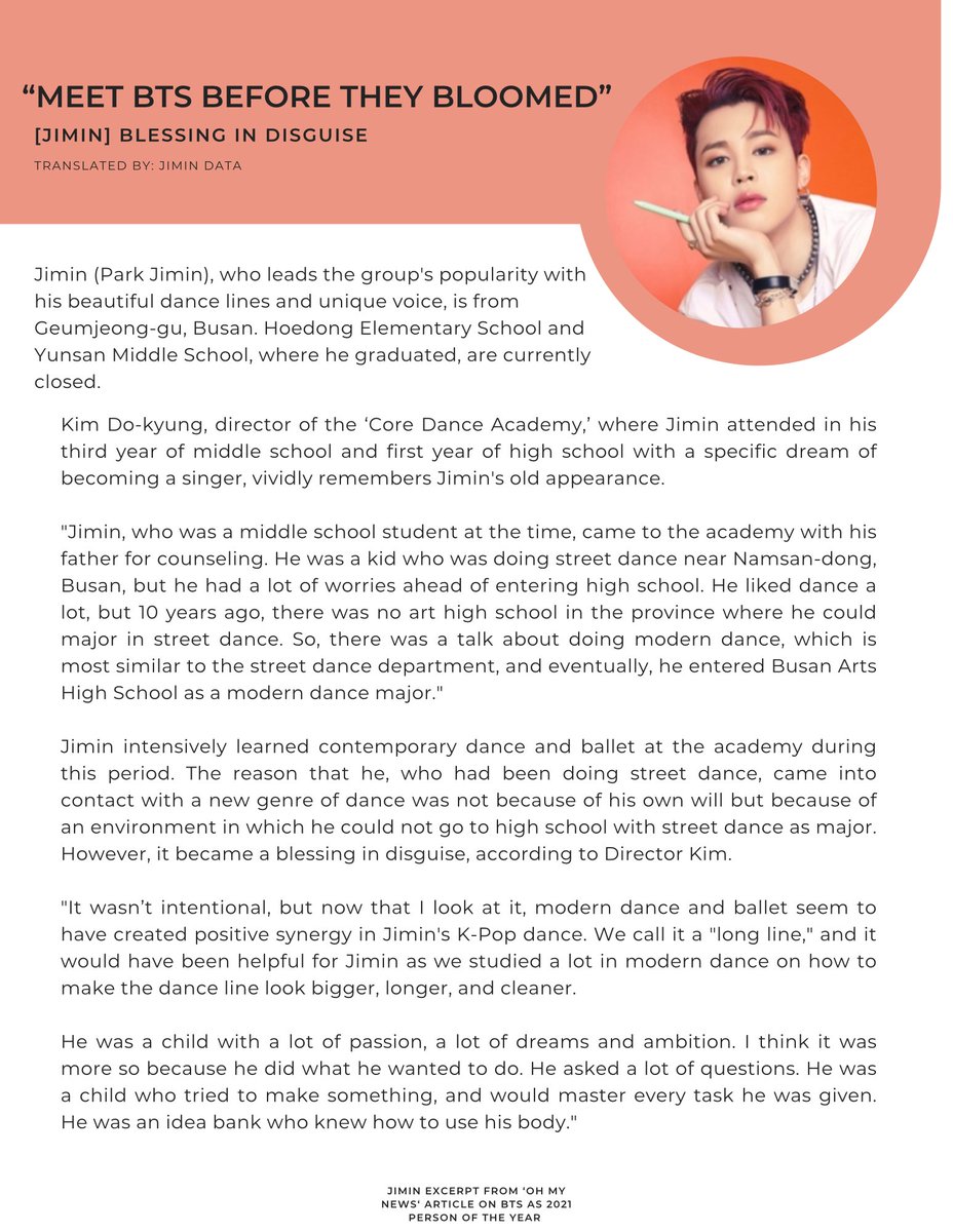 PJM_data's tweet photo. Oh My News -  Meet BTS Before they bloomed | Jimin - "Blessing in Disguise"

Jimin, who leads the group's popularity, as he was before debut: determined, passionate, full of ideas and already successful.

Please enjoy this full transcript. 💛 https://t.co/HdEiE25bfC