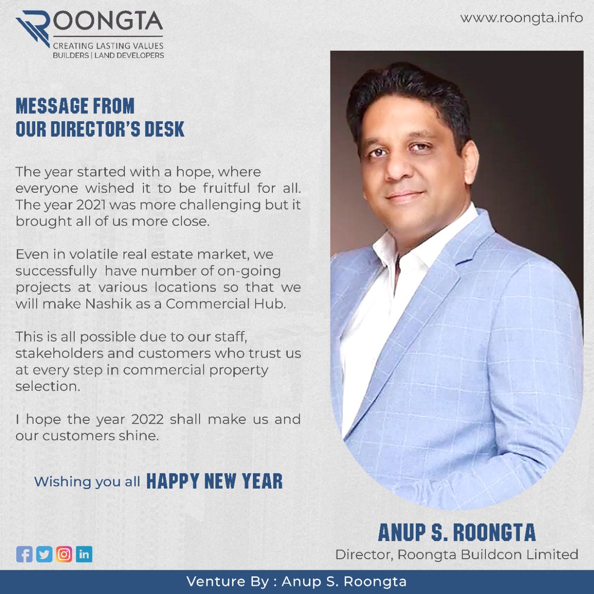 by_anup's tweet photo. Message from our Director summarizing 2021 and entering 2022 with zest and hope! Happy New Year!
.
.
.
#directormessage #director #wrapping2021 #Roongta #welcoming2022 #newyeqr #NewYearsEve2022 https://t.co/hzYtyKJm6E