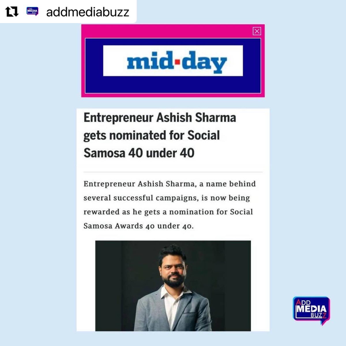 ashishrsharma's tweet photo. Ending the year with a big Thank you to #MiddayIndia for the feature. Feeling blessed and grateful to be nominated for 2021โs 40 under 40 category by @Social_Samosa .
#gratefulbeyondwords
#40under40 #nomination #SS40under40 #SocialSamosa #SS40under40nominee #digitalmarketer https://t.co/fjsmvRwBov