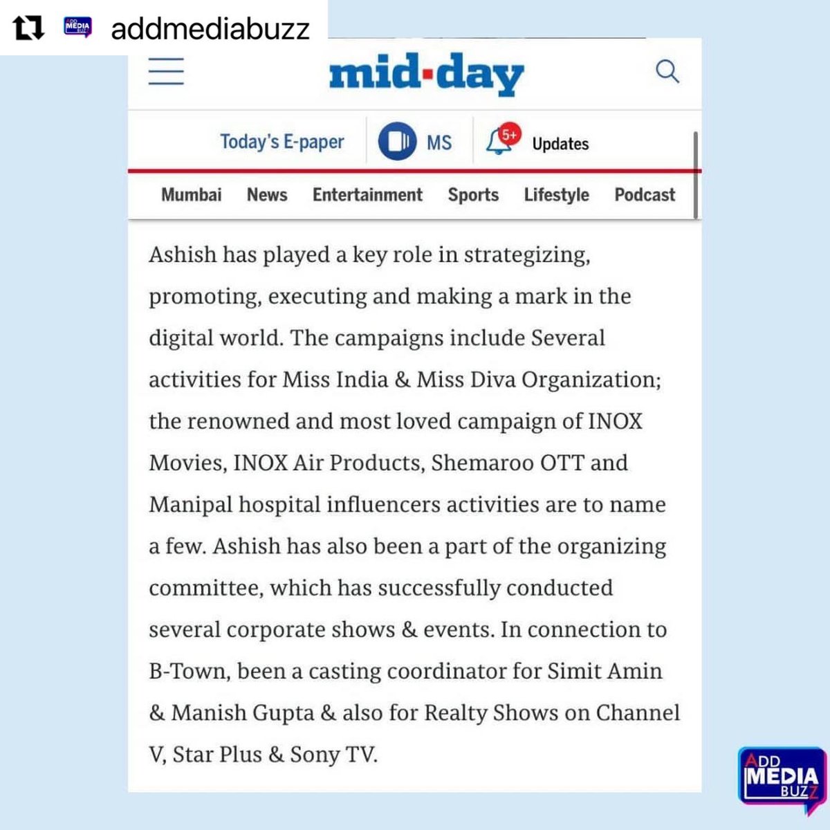ashishrsharma's tweet photo. Ending the year with a big Thank you to #MiddayIndia for the feature. Feeling blessed and grateful to be nominated for 2021โs 40 under 40 category by @Social_Samosa .
#gratefulbeyondwords
#40under40 #nomination #SS40under40 #SocialSamosa #SS40under40nominee #digitalmarketer https://t.co/fjsmvRwBov