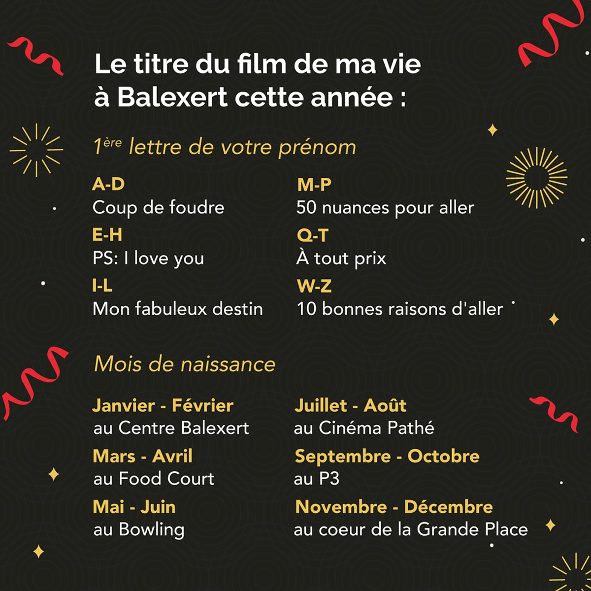 Et vous, sur quel titre de film allez-vous débuter la nouvelle année?
Nous vous la souhaitons MERVEILLEUSE, JOYEUSE ET SURPRENANTE 🥳
#Balexert #BonneAnnee #NouvelAn