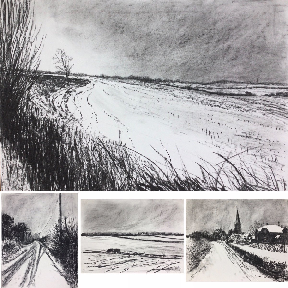 Looking through charcoal drawings for inspiration and found these from January 2021. 
#charcoaldrawings #winterlandscapes