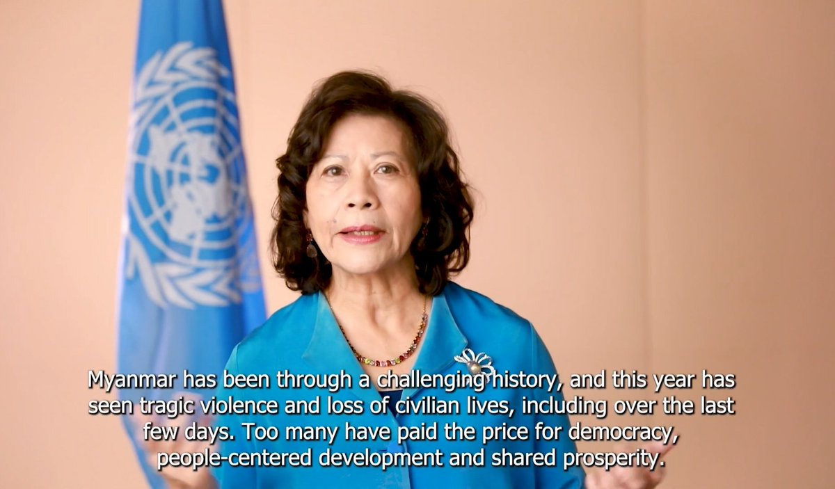 MayWongST's tweet photo. #UN special envoy Noeleen Heyzer delivers her 1st New Year message to the #Myanmar citizens assuring them they're "not alone" as they fight for a better future. Adds "too many have paid the price for democracy" since nation ruled by Feb 1 #militarycoup #WhatsHappeningInMyanmar https://t.co/VugsFLCVnl
