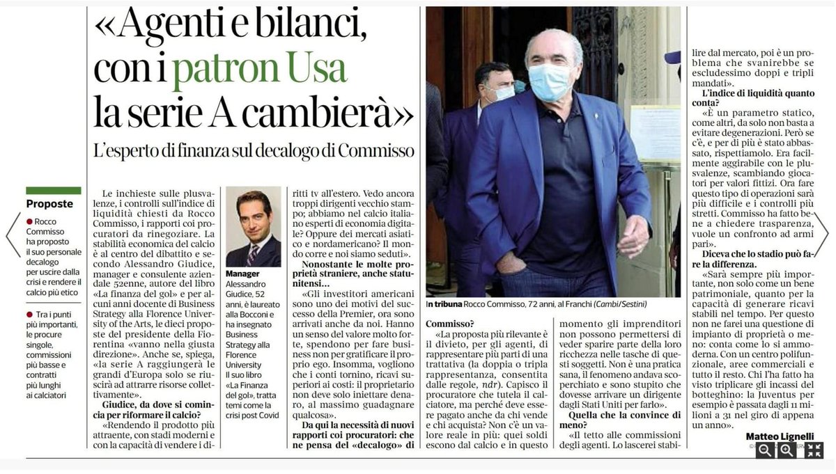 AFGiudice's tweet photo. Su @corrierefirenze parliamo di investimenti USA in #SerieA, #Commiso e del tema procuratori @lignellimatteo https://t.co/gwTId1u6tX